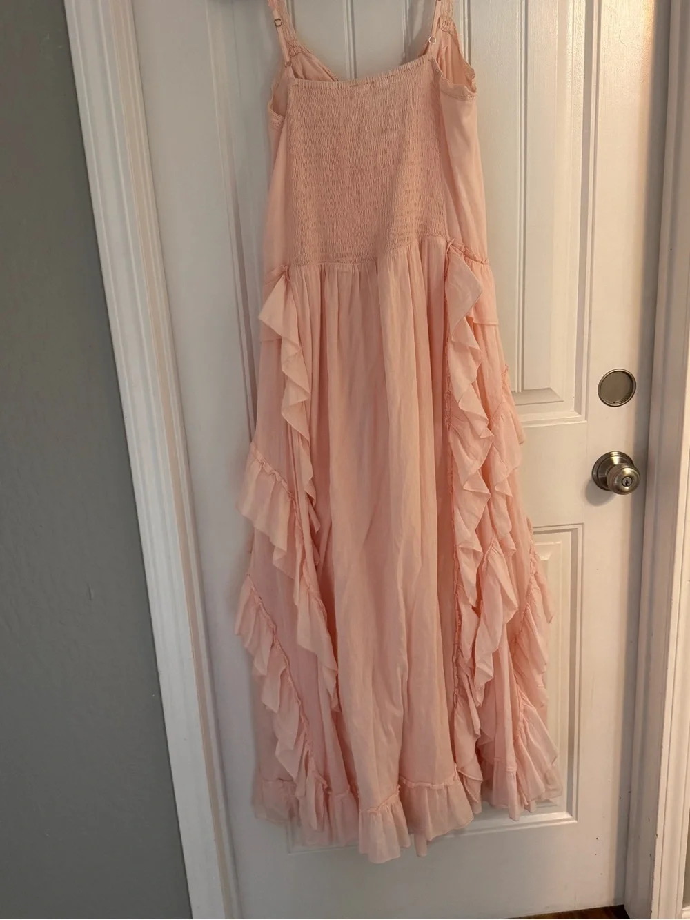 Boho Peach Ruffle Maxi Dress Lace Trim Smocked Back Festival Cottagecore - Picture 10 of 10